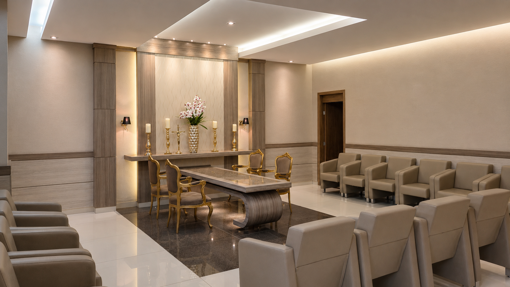 Sala dourada com mesa de cerimônia