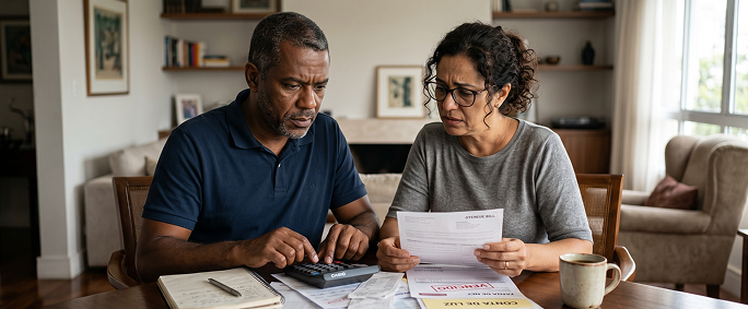 Casal revisando contas e documentos em casa