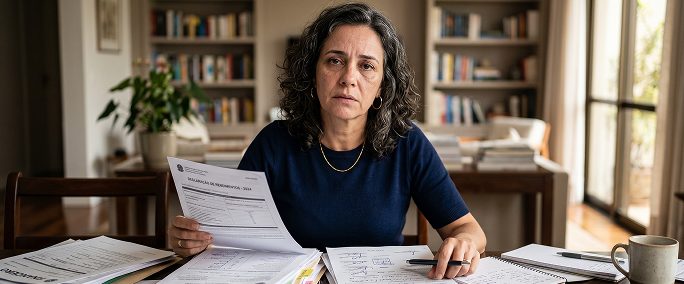 Mulher sozinha revisando documentos à mesa